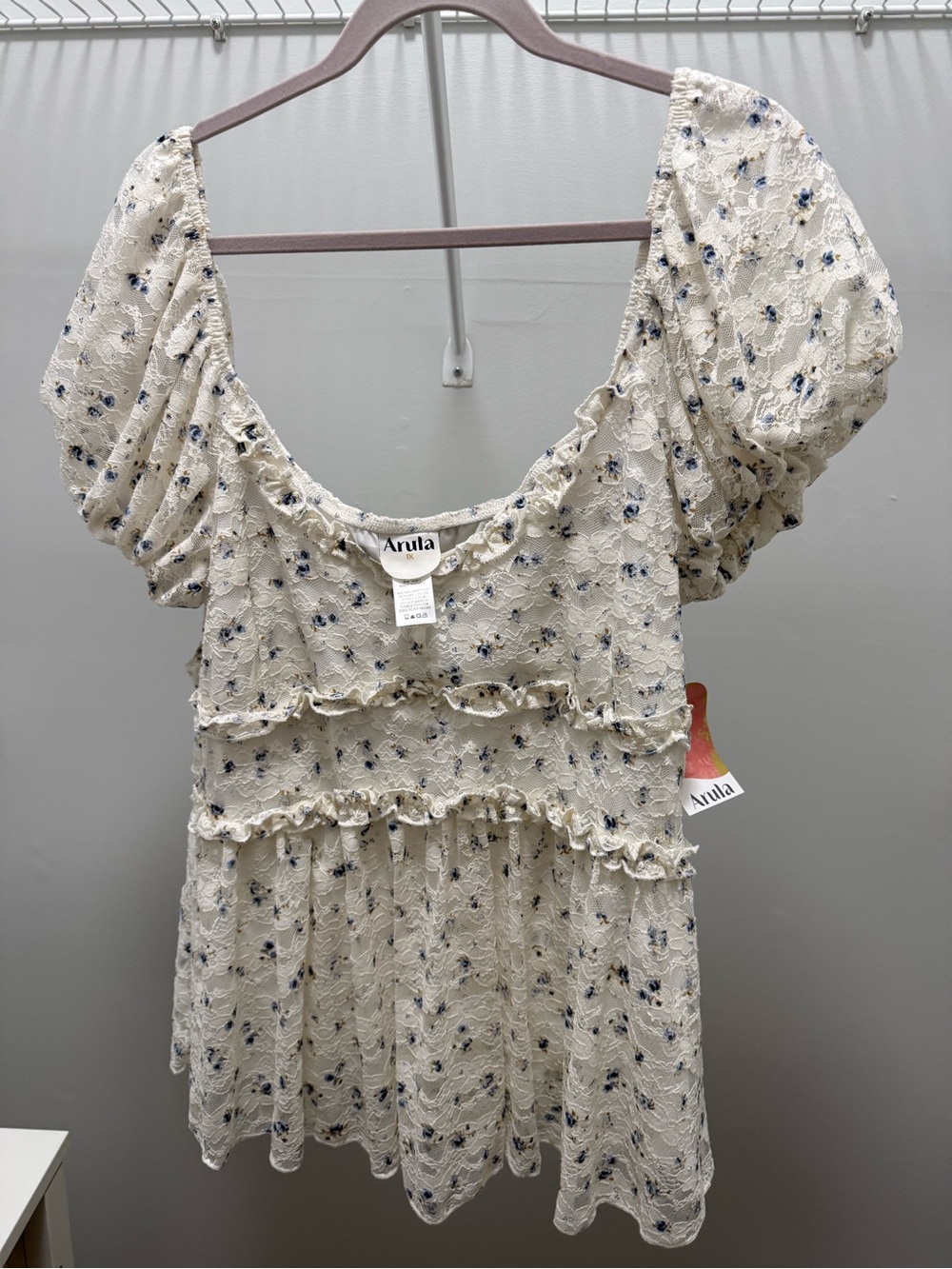 ARULA Cream Top with Blue Floral Print and Ruffle Tiers